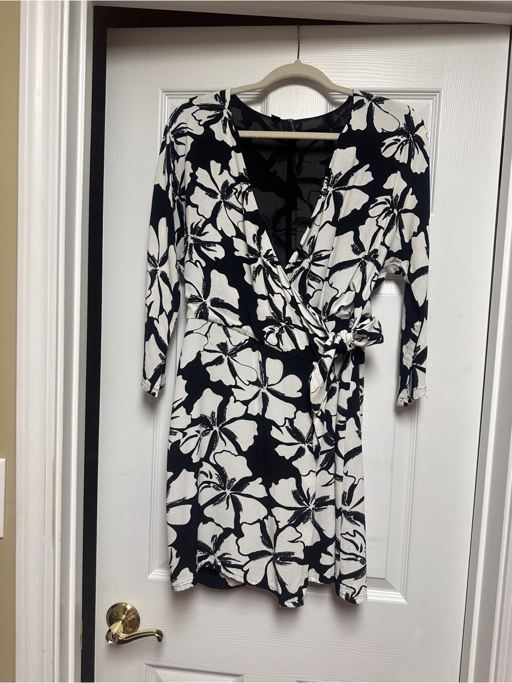 Mango Black and White Floral Wrap-Style Long Sleeve Dress